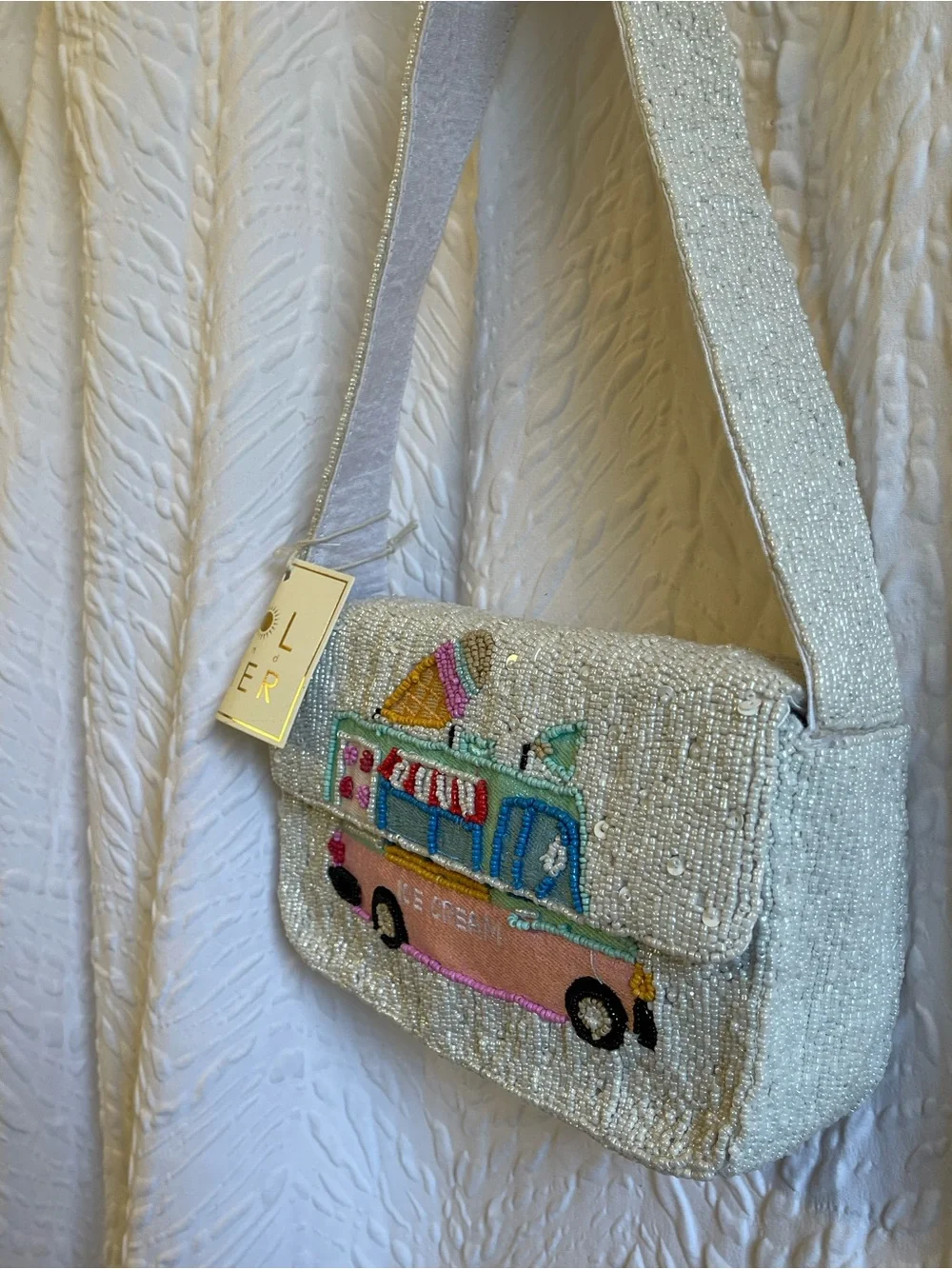 Sol & Mer White Beaded Ice Cream Truck Shoulder Bag - NWT **
